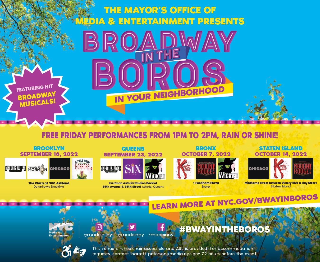Broadway in the Boros graphics with list of productions performing this fall
