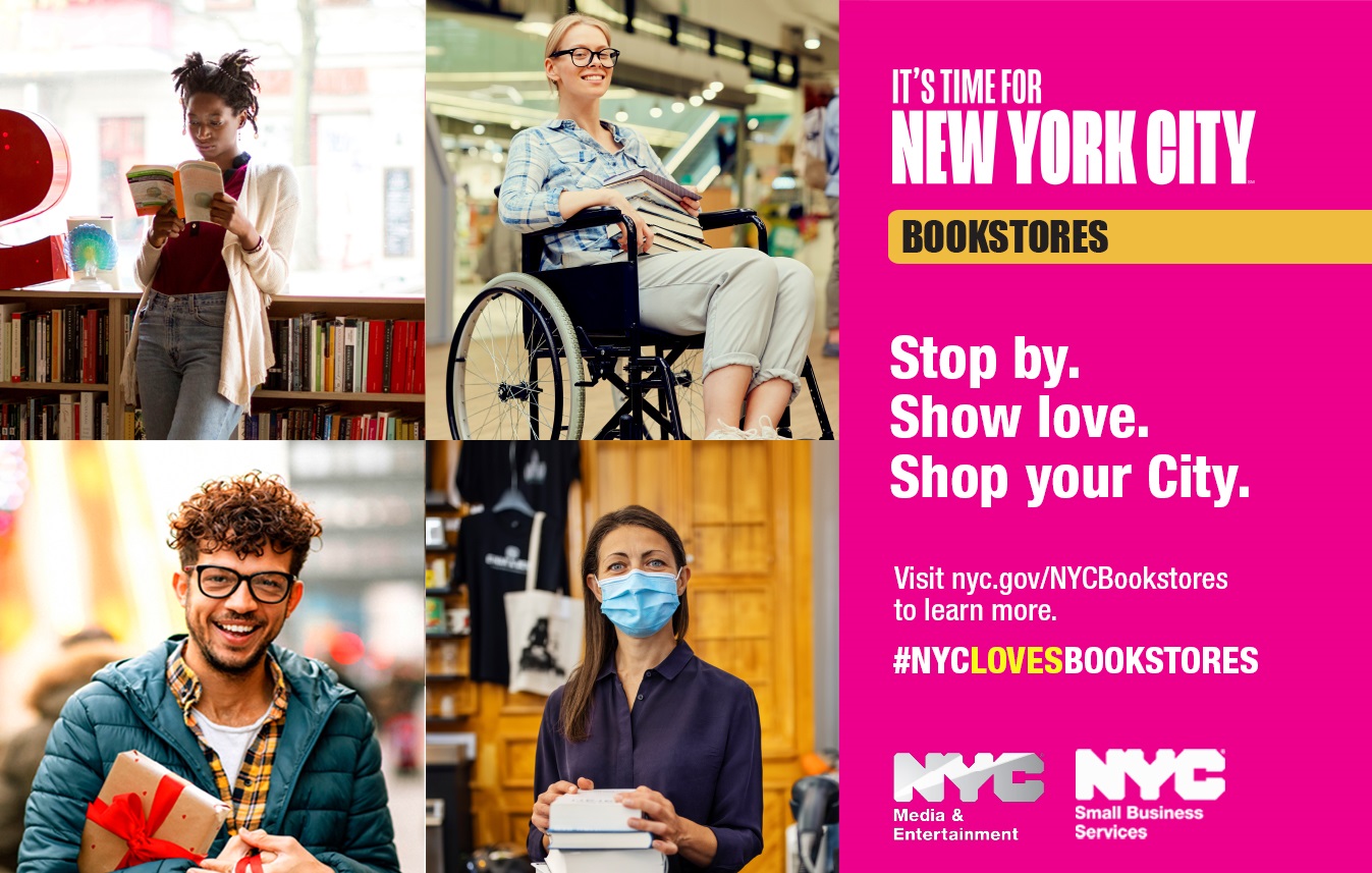 four photos of people reading books at various at bookstores in nyc
                                           