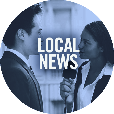 Photo of a woman holding a microphone interviewing a man. Text reads: Local News