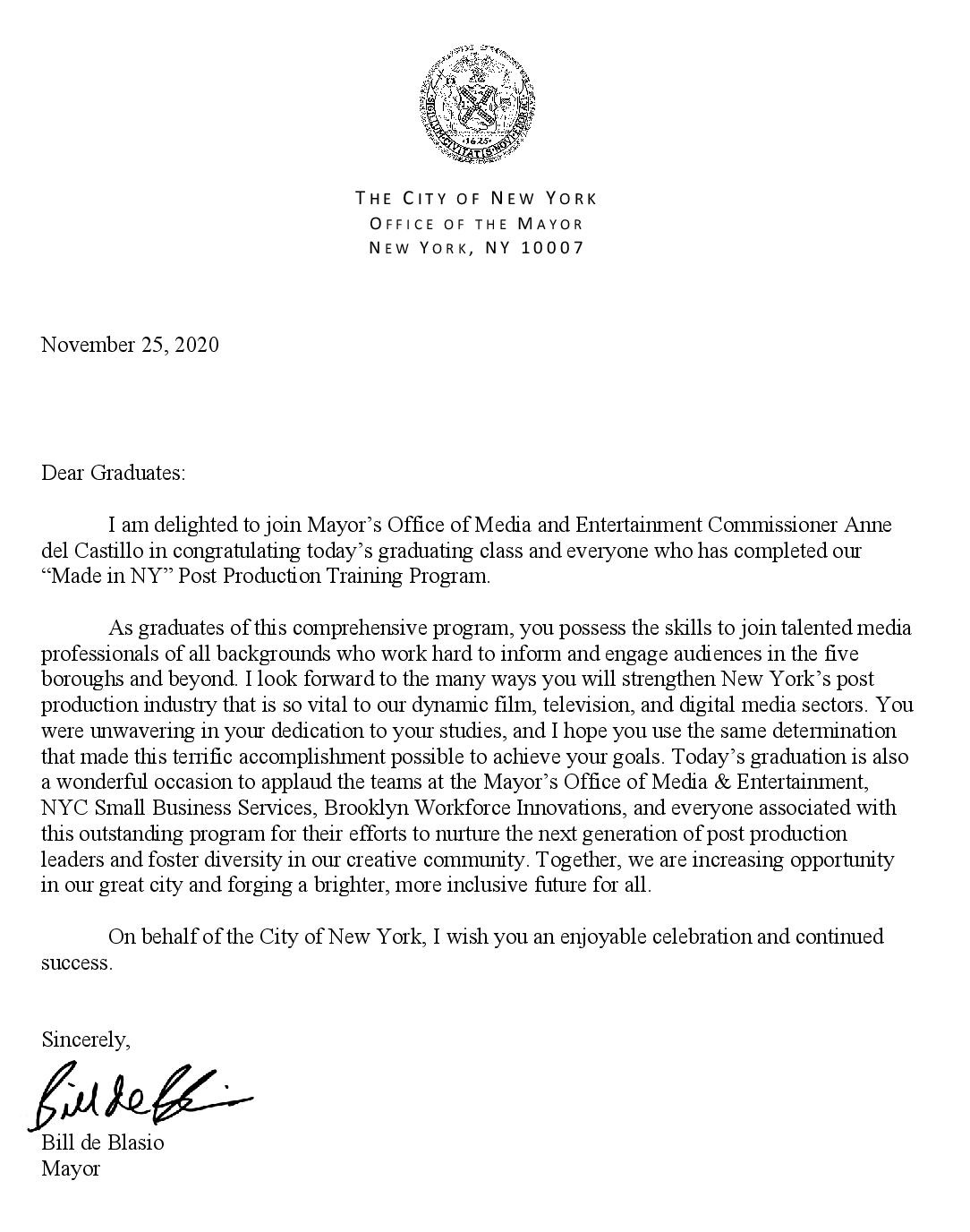 Mayor Bill de Blasio's letter congratulating the post production graduates