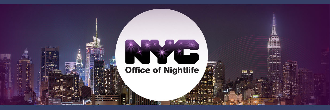 Photo of the New York City skyline with a graphic of the NYC Office of Nightlife logo in the center