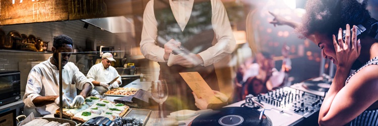 Image of a chefs preparing food in restaurant kitchen, DJ in a club, a waiter in a restaurant, 