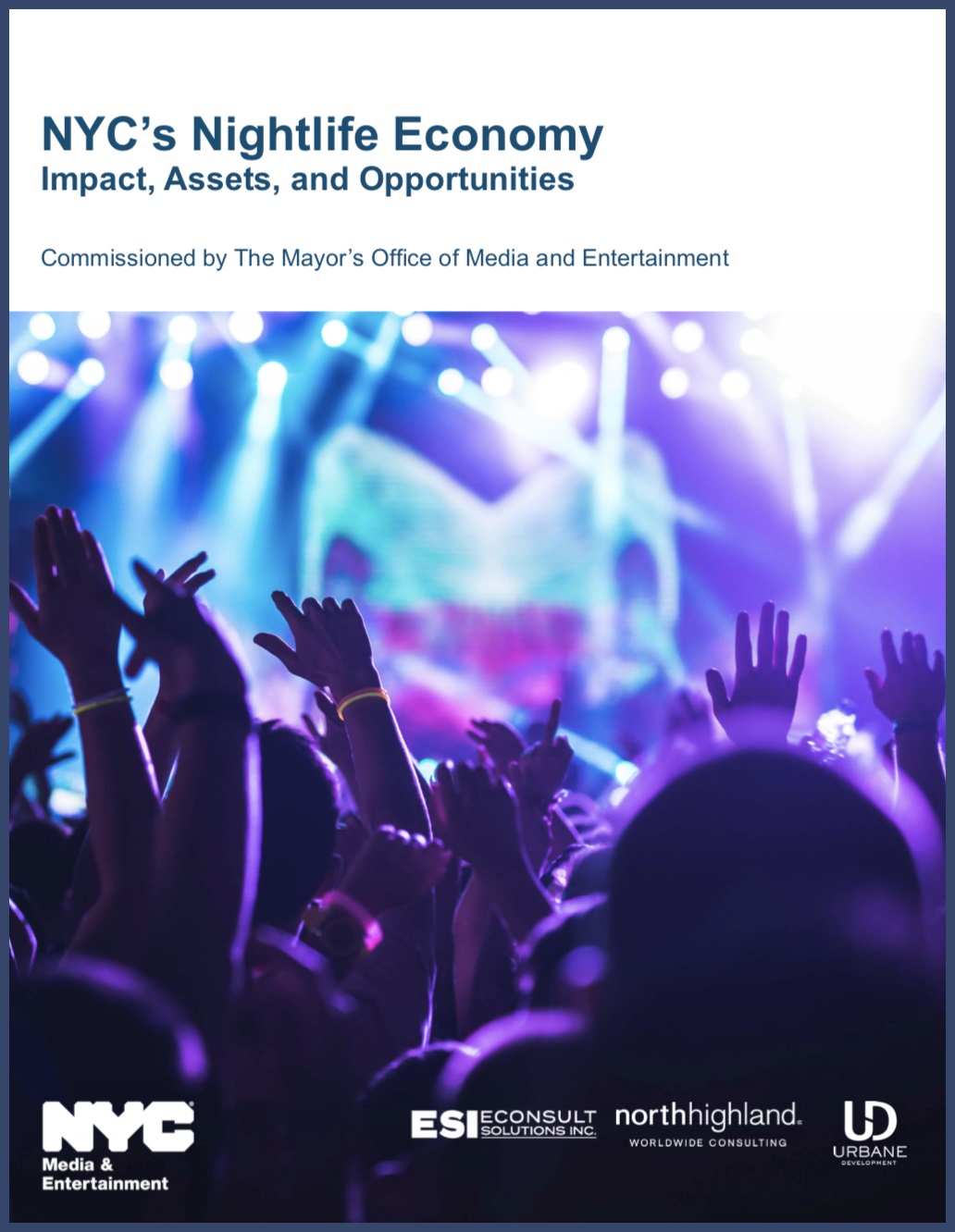 Economic Impact Study of NYC Nightlife cover with a crowd of people with raised hands facing performer and lights on stage