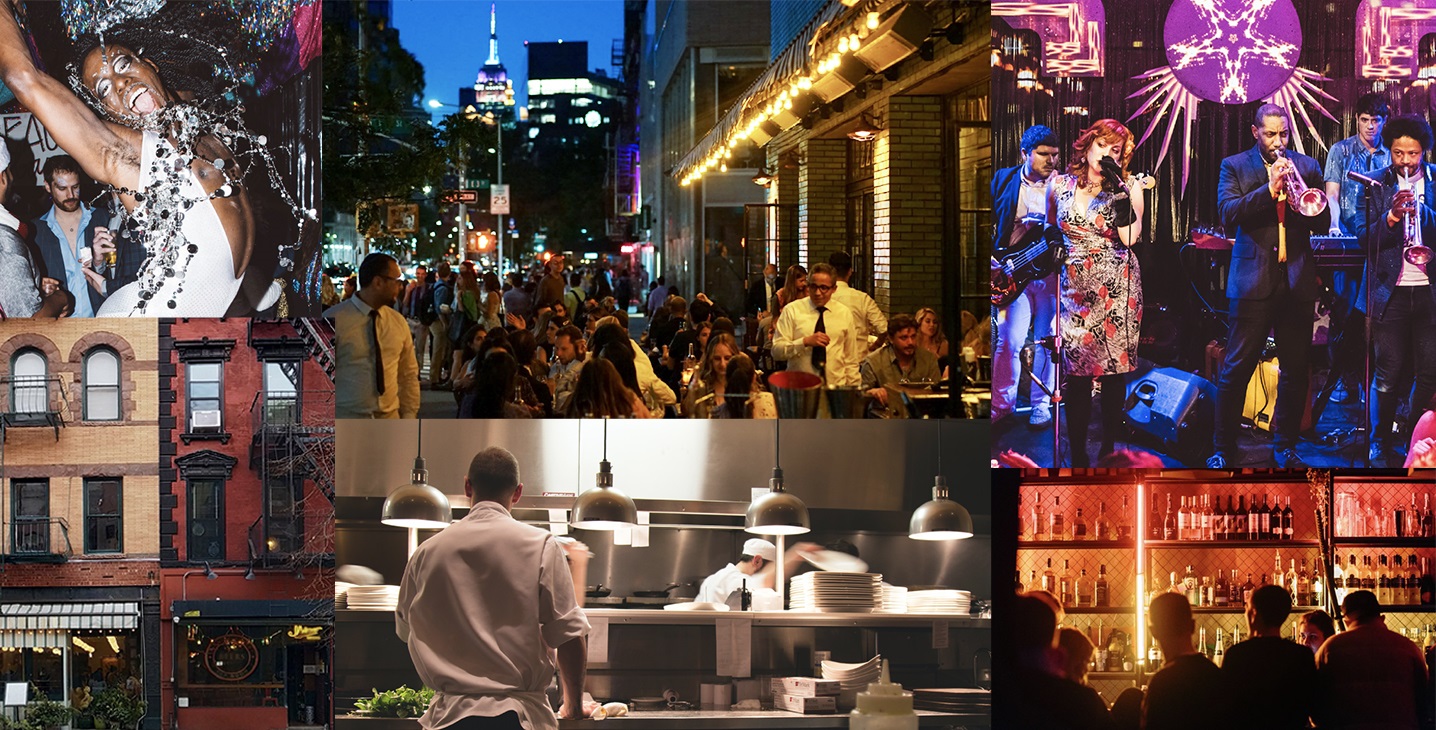 images of people dancing, walking on the street in Times Square, at a dinner