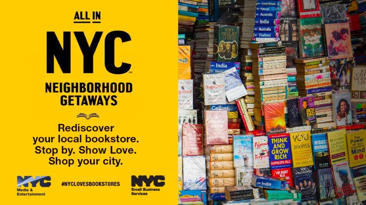 stack of many books in a bookstore, text says All In NYC Neighborhood Getaways Bookstores