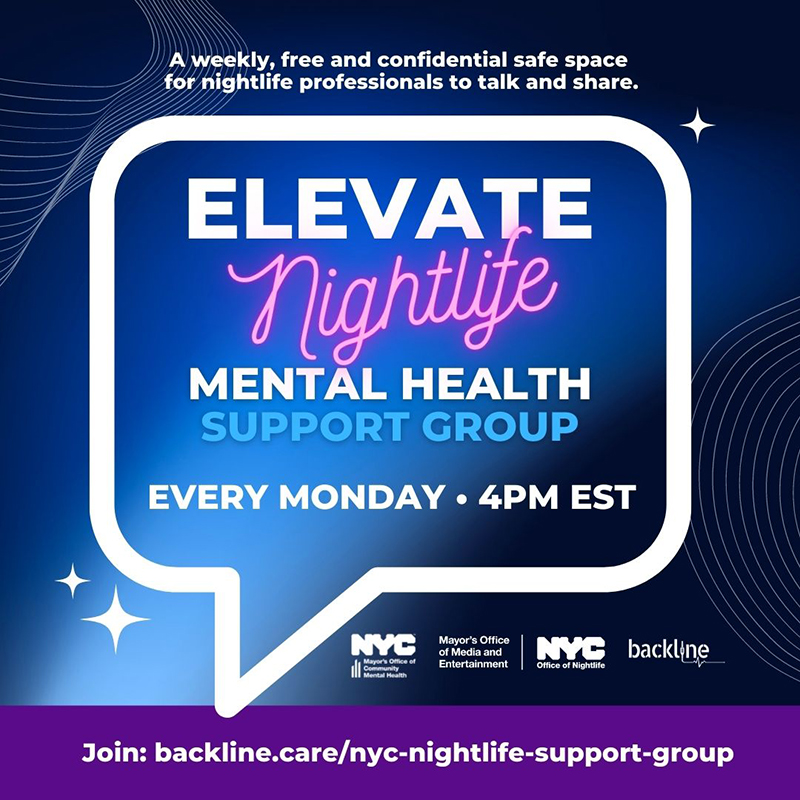 Advertisement for ELEVATE Nightlife Mental Health Support Group on dark blue background