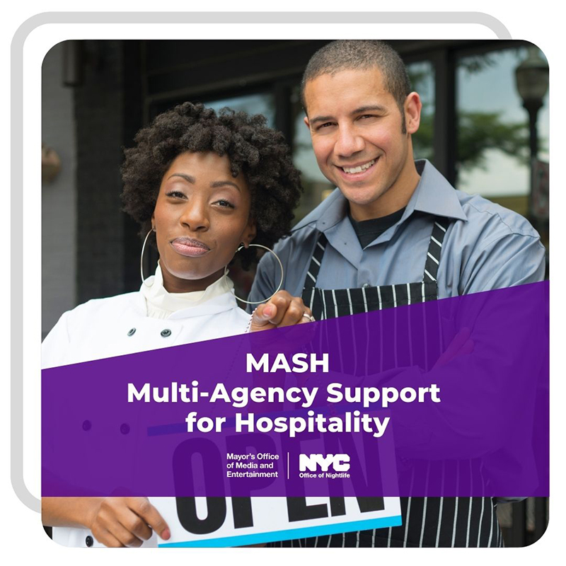 Two business owners holding sign that reads "OPEN" with text "MASH Multi-Agency Support for Hospitality" on purple banner
