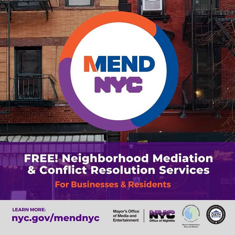 MEND NYC Logo with background of mixed-use buildings on streets with text "FREE! Neighborhood Mediation and Conflict Resolution Services"