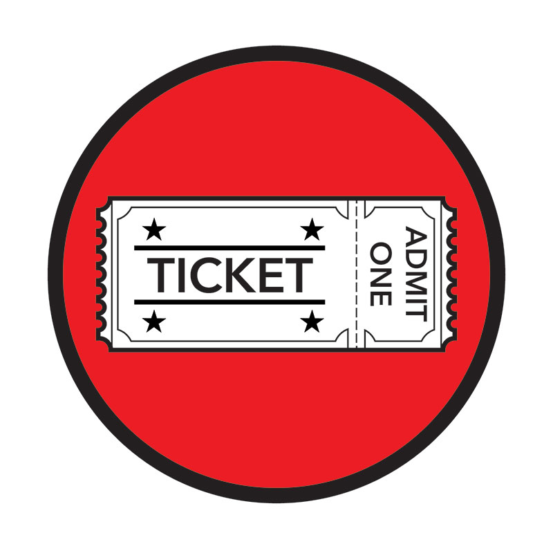 Red circular icon showing a ticket, representing accessible arts, culture, dining, and tourism experiences