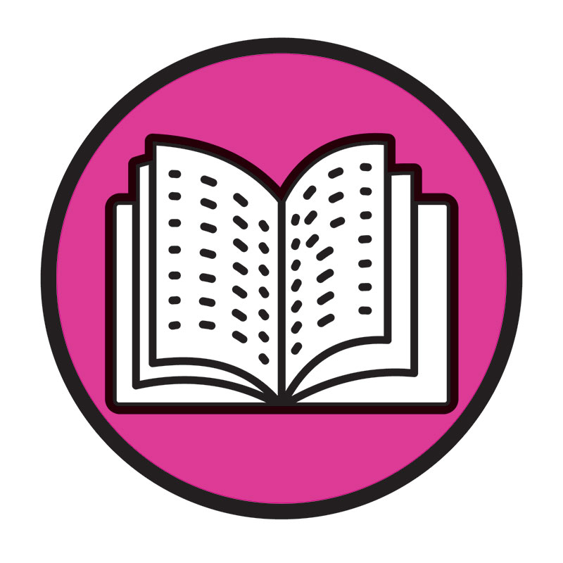 Pink circular icon with an open book, representing accessible education and learning opportunities