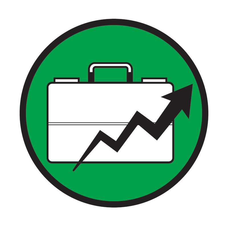 Green circular icon showing a briefcase with an upward arrow, representing employment opportunities and financial empowerment