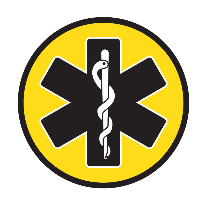Yellow circular icon with a medical star and staff symbol, representing accessible health care and emergency services