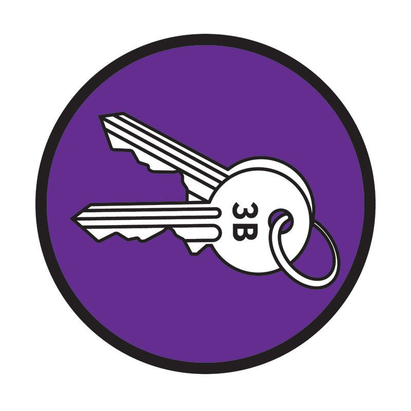 Purple circular icon showing a set of keys with an inscription that says 3B, representing accessible housing and housing stability.