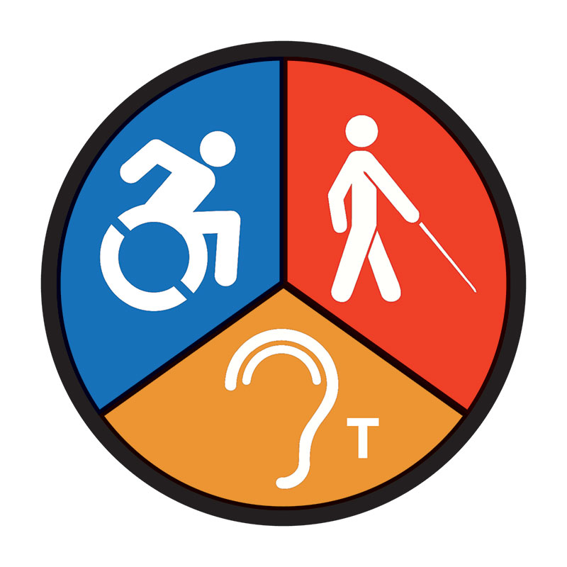 Multicolored circular icon showing symbols for mobility, walking, and hearing access, representing other disability initiatives led by MOPD