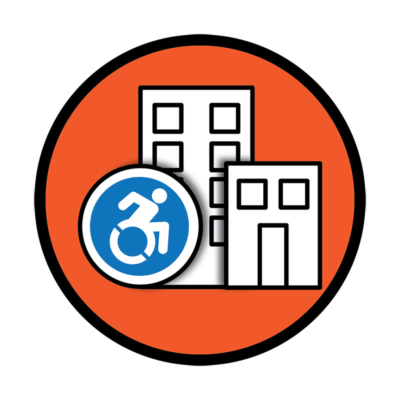 Orange circular icon showing buildings and a wheelchair accessibility symbol, representing accessible streets, buildings, and public spaces