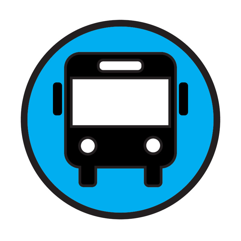 Blue circular icon with a bus, representing accessible public transportation options
