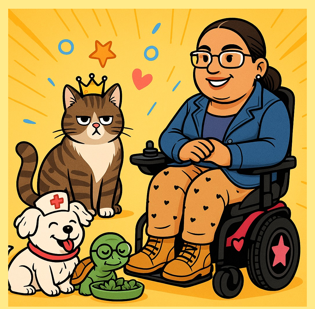 A cheerful A I generated cartoon of Crystal sitting in her wheelchair surrounded by her crowned cat, her dog wearing a nurse's hat, and her Russian tortoise eating lettuce from his bowl.