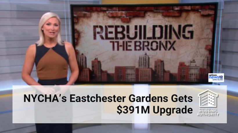 News12 video thumbnail featuring Eastchester Gardens resident inspecting renovated public housing apartment finishes.