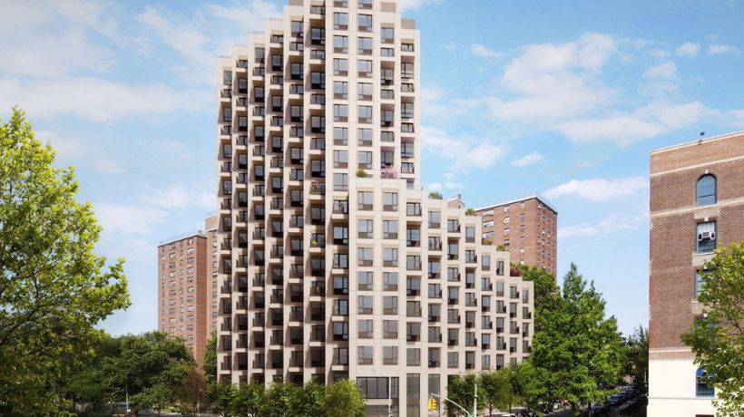 Architectural rendering of the upcoming Sol on Park affordable senior housing complex and pedestrian plaza.
                                           