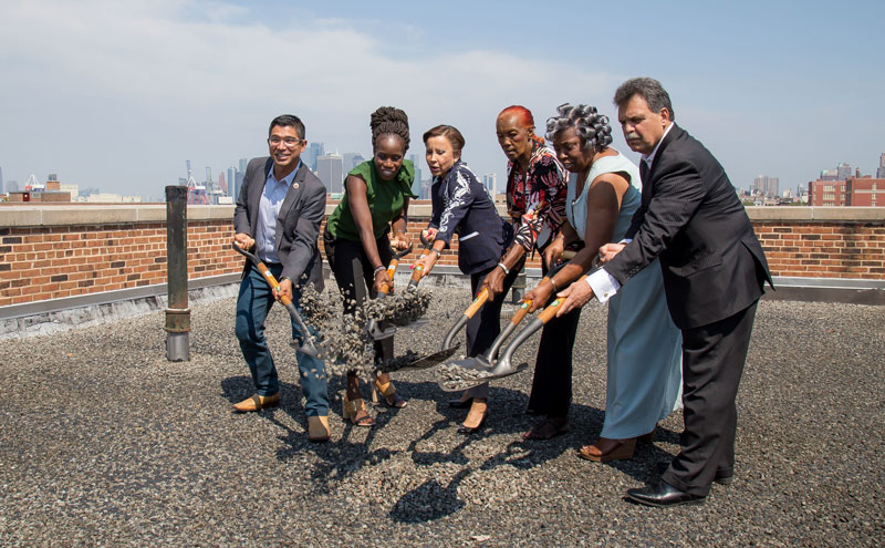 Council Member Carlos Menchaca, NYCHA Chair and CEO Shoal Olatoye, Congressmember Nydia Velazquez, Red Hook House West TA President Lillie Marshall, Red Hook Houses East TA President Francis Brown and Assembly Member Felix Ortiz officially break ground on Phase one of the $500 million Sandy Recovery and Resilence Project at Red Hook Houses. 