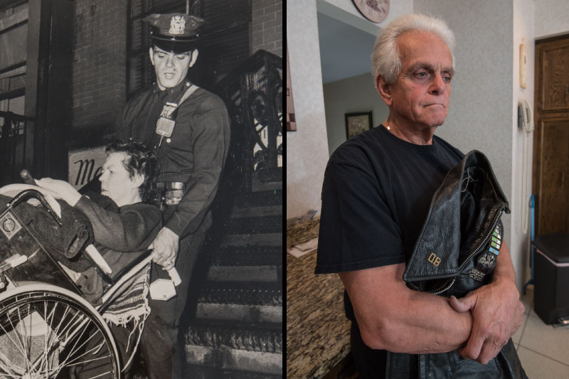 Dominic Vetrano, 1969, in wheelchair, and today, holding jacket and looking somber