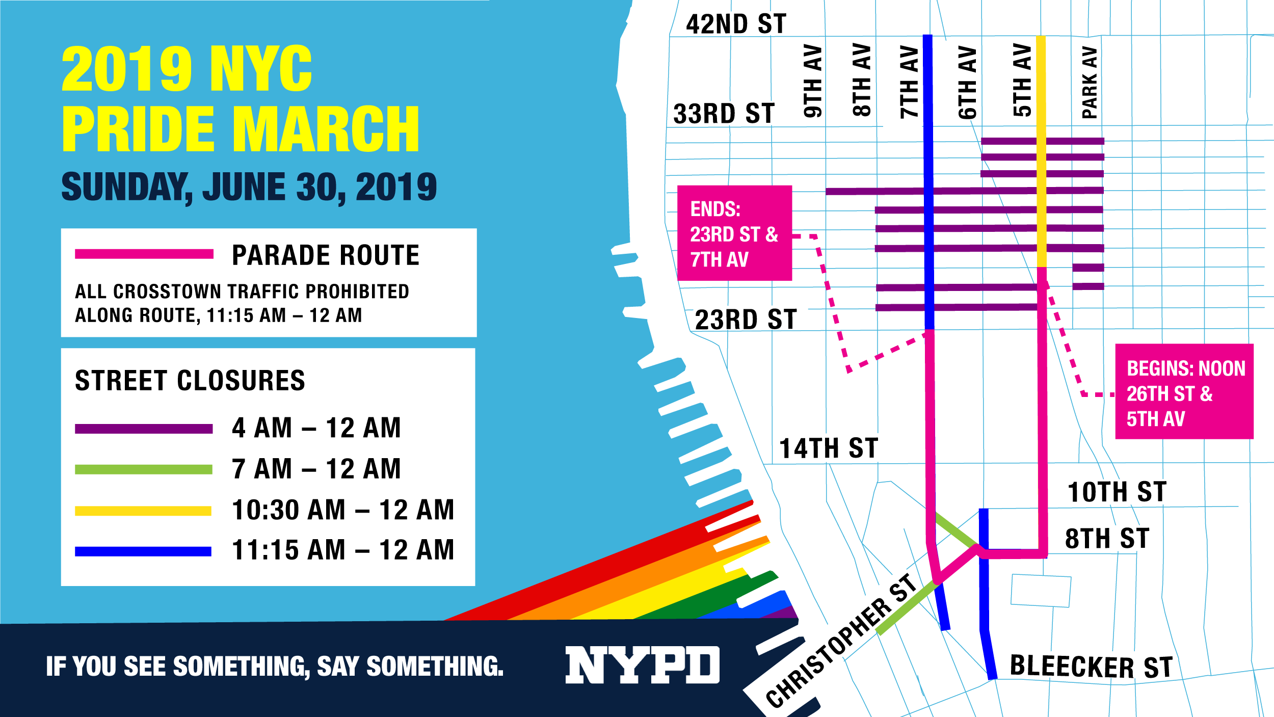 map of route and street closures of 2019 Pride Parade
