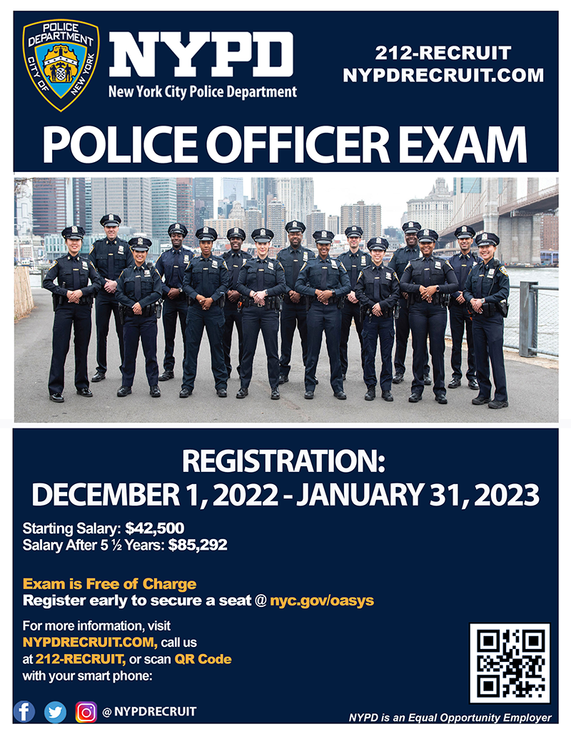 Register now for the police officer exam December 1st 2022 to January 31st 2023