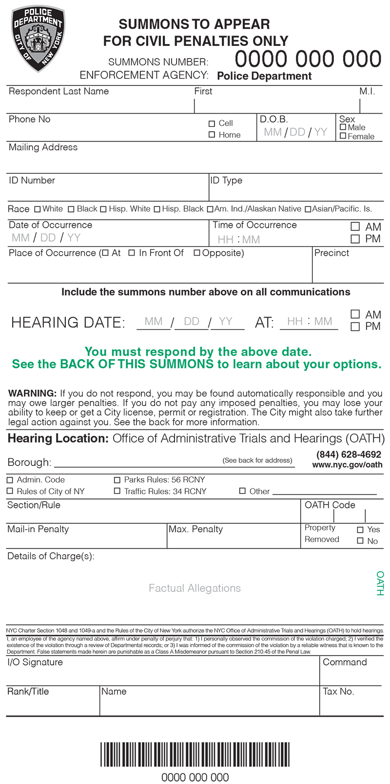 Image of a blank Summons to Appear for Civil Penalties Only