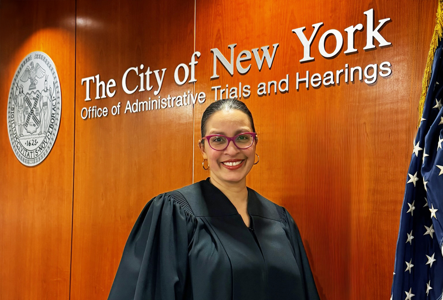 OATH Commissioner and Chief Administrative Law Judge Vilda Vera Mayuga in an OATH court room at 100 Church Street.