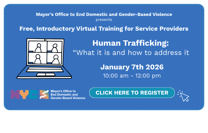 Teleconference graphic on blue background with text: Virtual Training for Service Providers: Human Trafficking - What It Is and How To Address It. January 7, 10:00 am - 12:00 pm. 
                                           