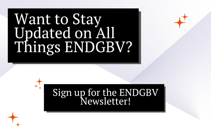 White background with orange stars, grey triangles and black boxes with text: Want to stay updated on all things ENDGBV? Click here to sign up for the ENDGBV Newsletter
                                           