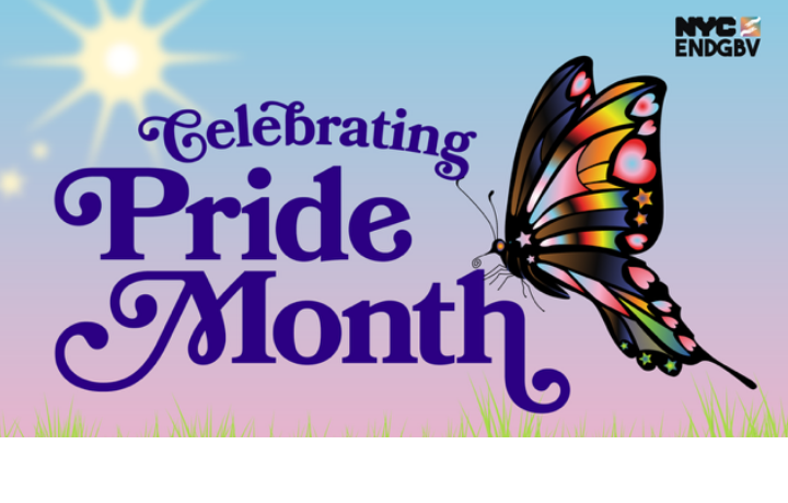 Sun, green gas and multi-colored butterfly graphics and ENDGBV logo on pink and green blended background with text box: Celebrating Pride Month.
                                           