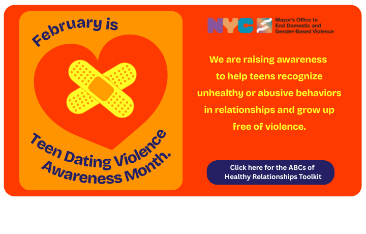 Red heart with crisscrossed yellow band-aids graphic with orange background text: February is Teen Dating Violence Awareness Month.
                                           