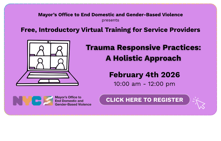 Teleconference graphic on purple background with text and mouse click graphic: Virtual Training for Service Providers. Trauma Responsive Practices: A Holistic Approach, February 4th, 10:00 am &ndash; 12:00 pm. Click here to register.
                                           