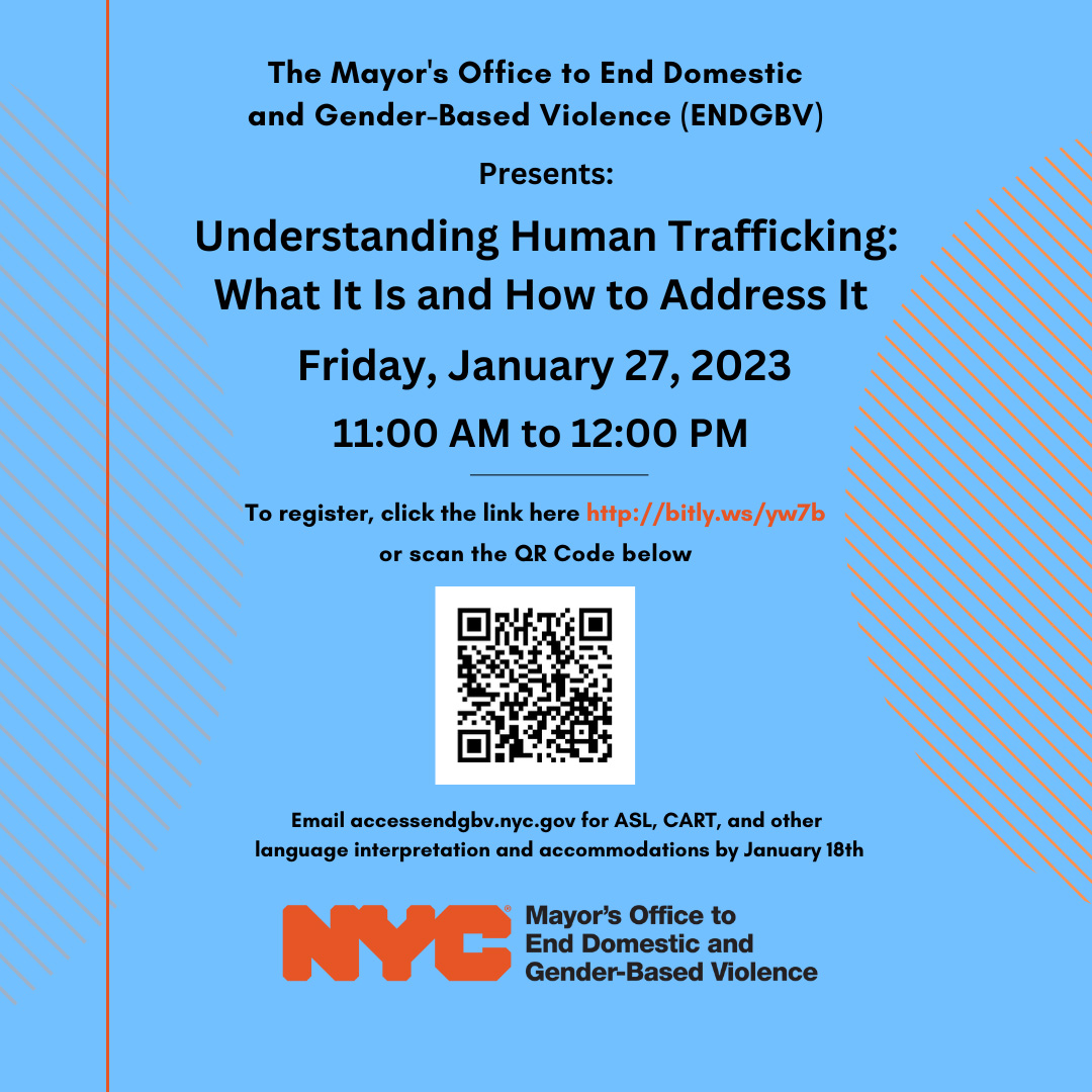 White background tile with orange text announcing An Introduction to Human Trafficking, on Friday, January 27, 2023