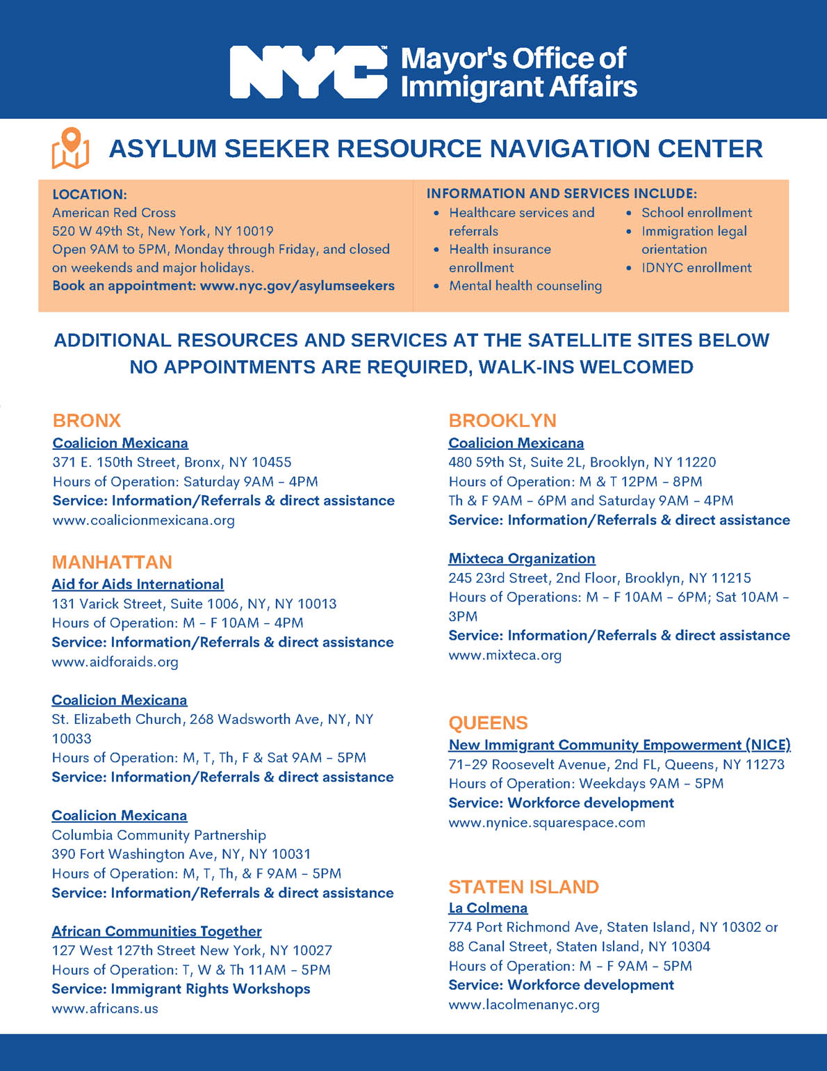 Asylum Seeker Resource Navigation Center Location listing