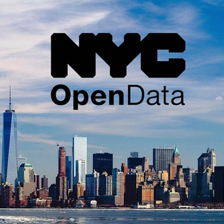 NYC landscape in background with text: NYC OpenData