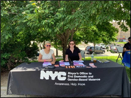 ENDGBV outreach team in July 2022 in the Bronx promoting resources and spreading awareness in Joyce Kilmer Park. community 