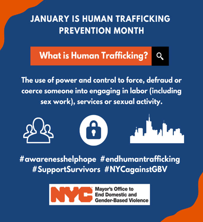 Blue background with orange text stating, What is Human Trafficking. The use of power and control to force, defraud or coerce someone into engaging in labor (including sex work), services or sexual activity. #Awarenesshelphope