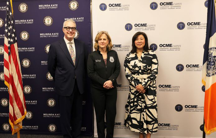 Chief Medical Examiner Dr. Jason Graham, Queens District Attorney Melinda Katz, and U.S. Congresswoman Grace Meng pose for a photo at the Missing Persons Day event in Queens on Friday, October 24, 2025. 
                                           