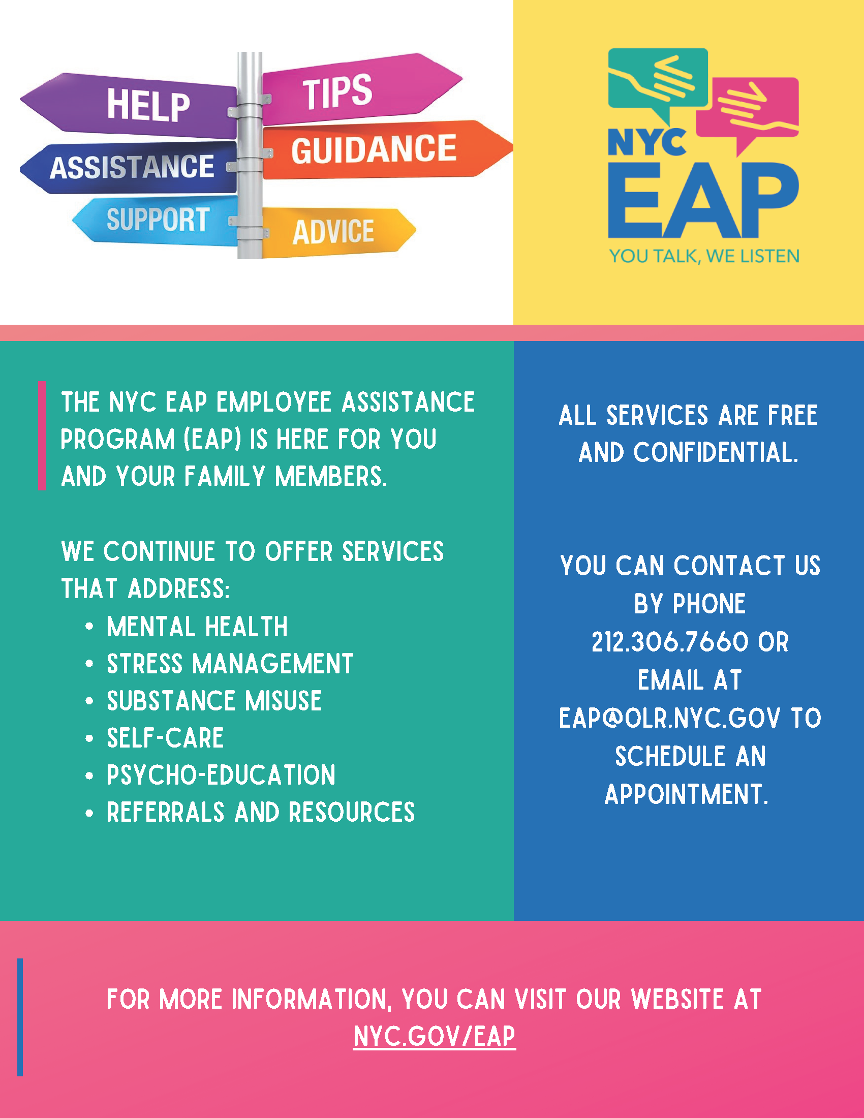Directional sign accompanied by EAP services and contact information