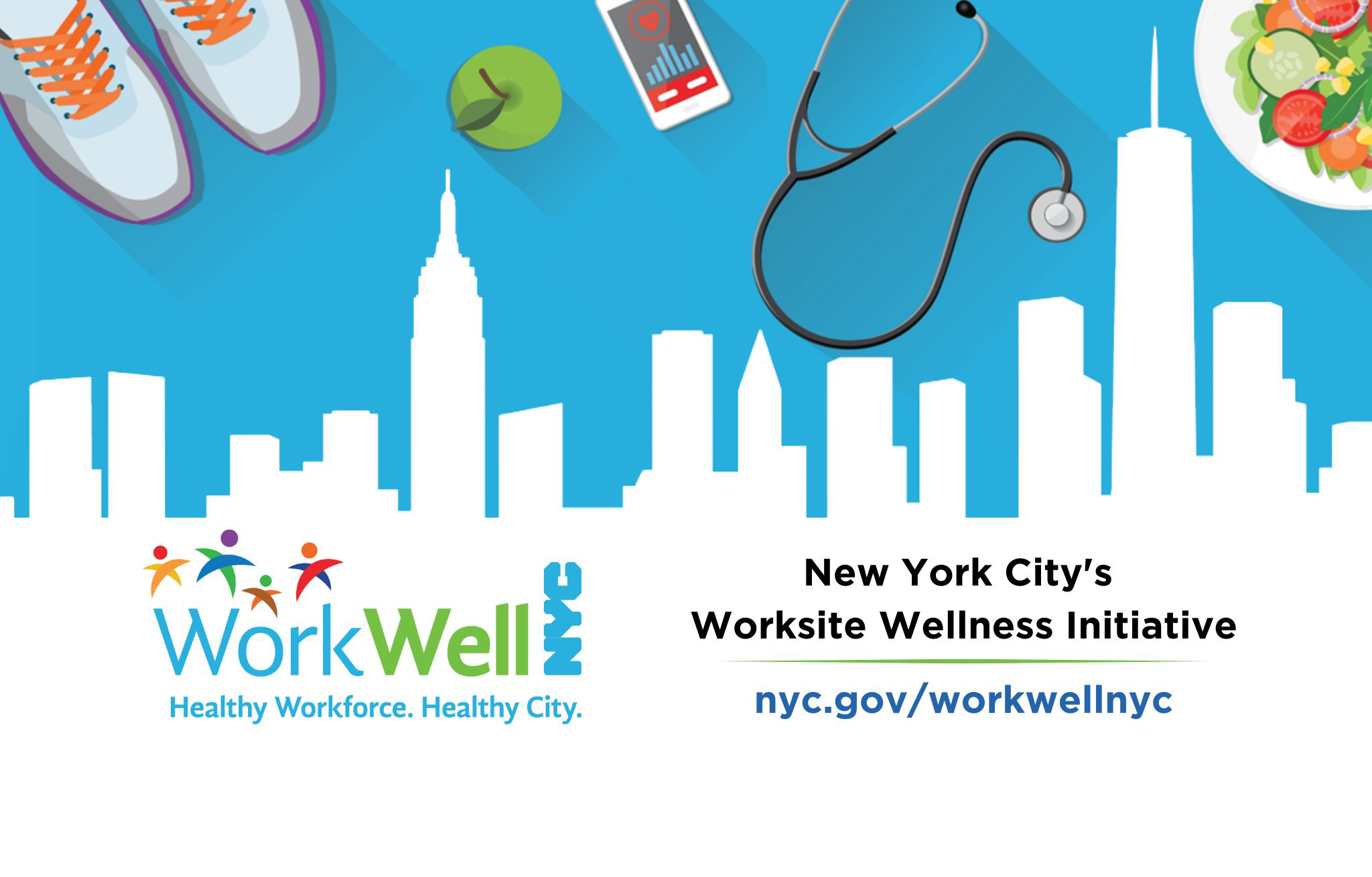 City silhouette with sneakers, an apple, a stethoscope, glucose meter, and salad
                                           