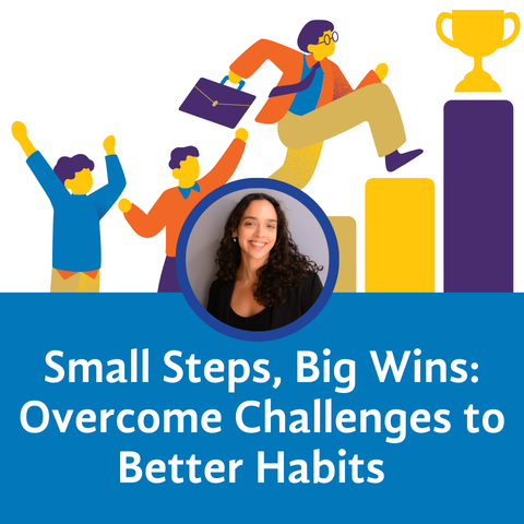 Outline illustration of a person holding a briefcase and climbing steps toward a trophy.  Small Steps Big Wins