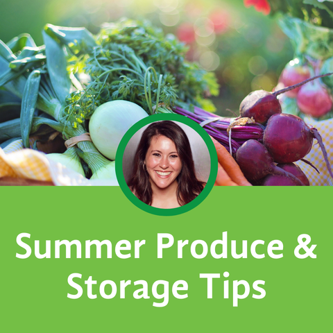 Photo of a person smiling.  There are vegetables in the background
