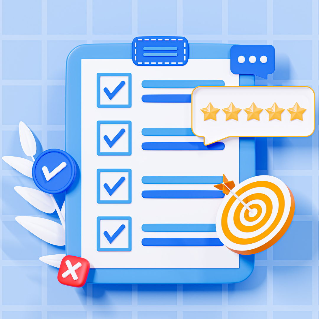 Checklist with checkmarks, bullseye and golden stars