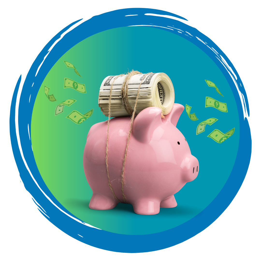 Piggy bank with a roll of currency on its back