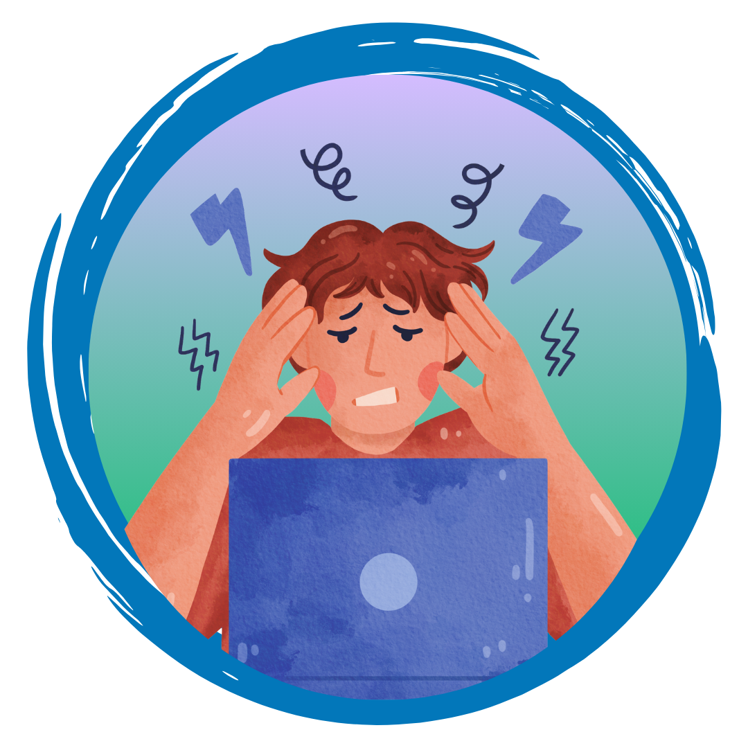Illustration of a person at a laptop.  There are swirled lines flying around the head