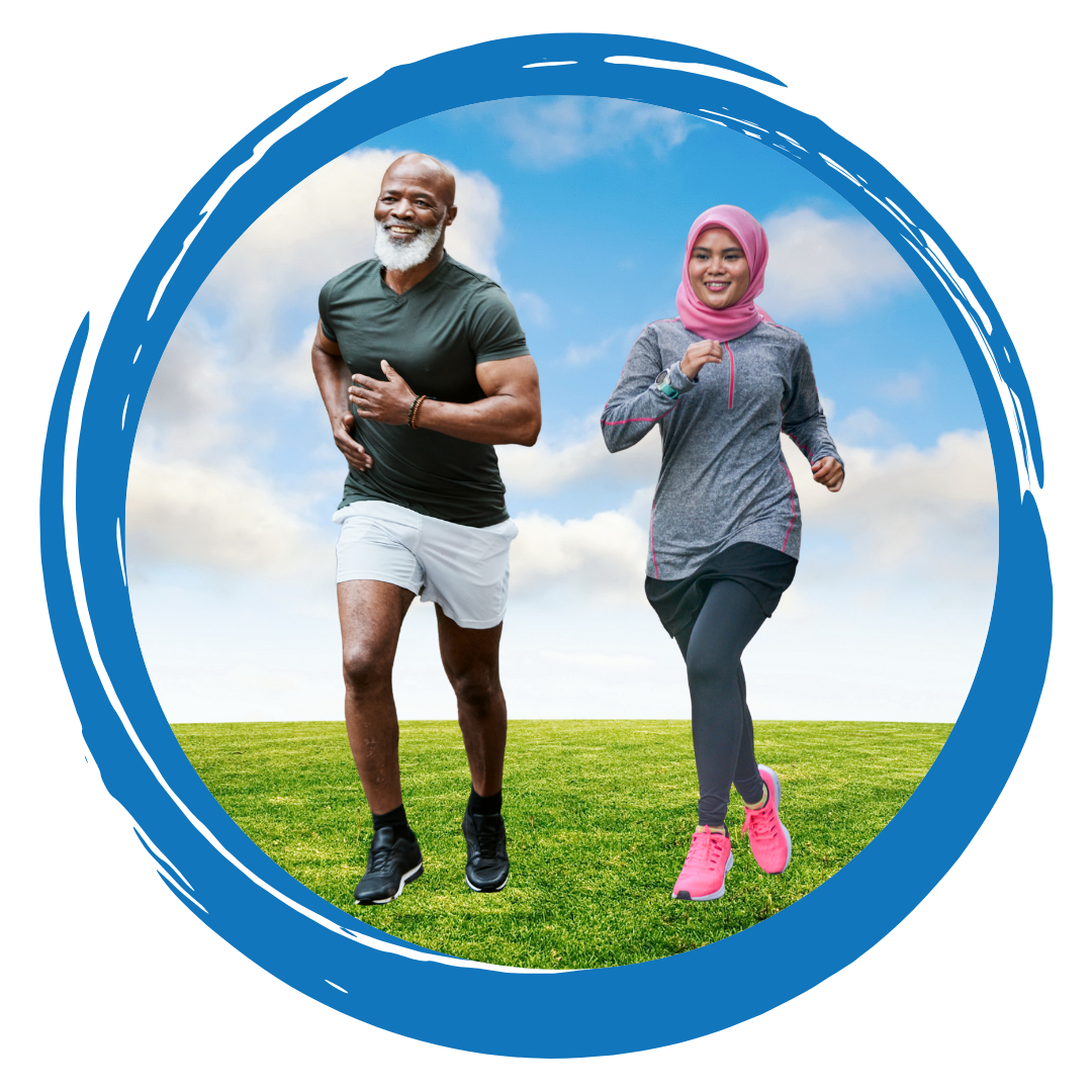 Photo of two people running outdoors