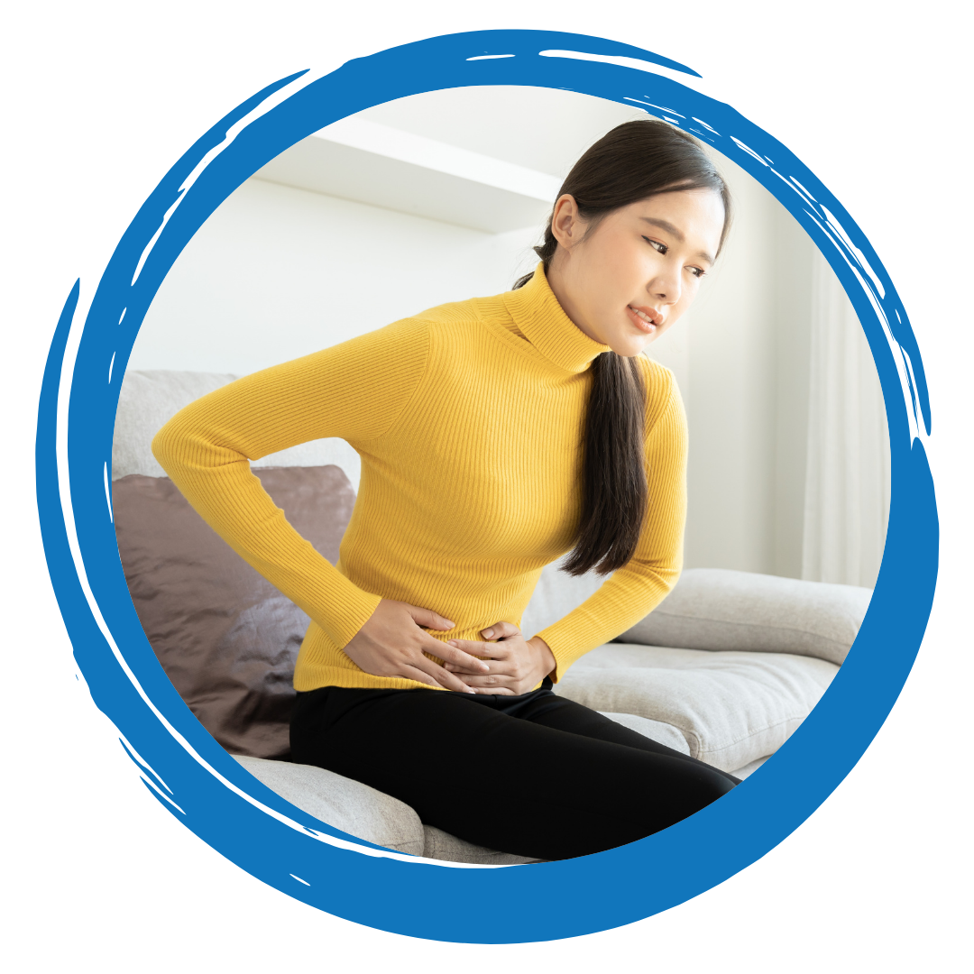 Person with their hands over their lower side abdomen