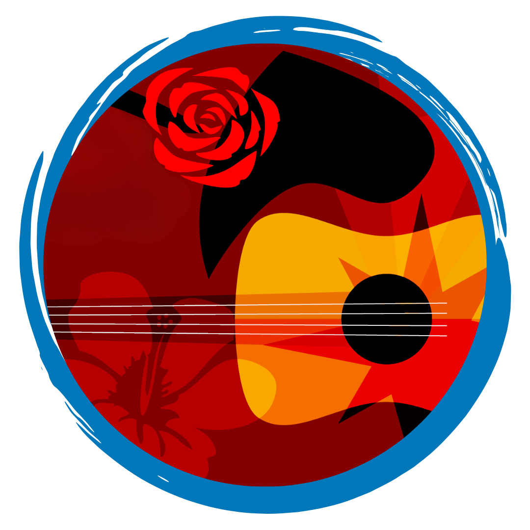 Illustration with deeply saturated colors and a guitar